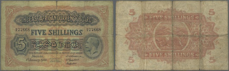 East Africa: 5 Shillings 1933 portrait KGV P. 20, in used conditoin with 3 stron...