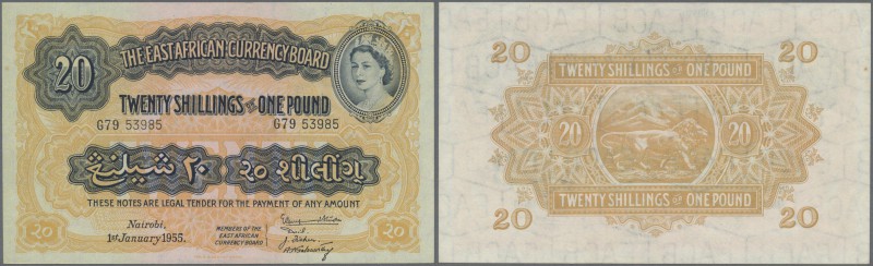 East Africa: 20 Shillings = 1 Pound 1955 QEII portrait P. 35, unfolded, conditio...