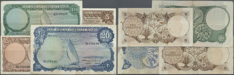 East Africa: set of 4 notes containing 2x 5 Shillings (F to F+), 1x 10 Shillings...