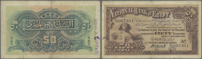 Egypt: National Bank of Egypt 50 Piastres September 11th 1915, P.11, lightly ton...