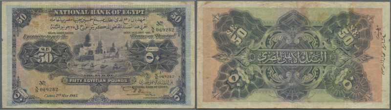 Egypt: Egypt: 50 Pounds 1945 P. 15d, used with stained but still strong paper, h...