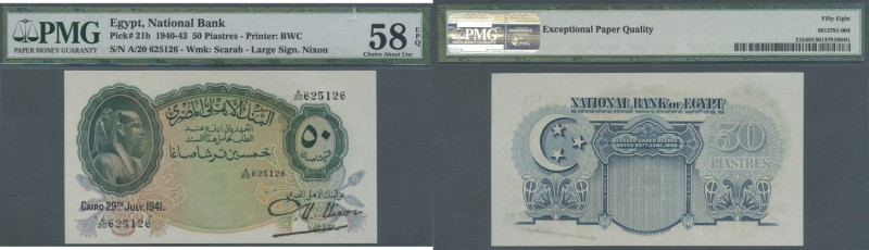 Egypt: Egypt: 50 Piastres 1941 P. 21b, PMG graded 58 Choice About UNC EPQ.