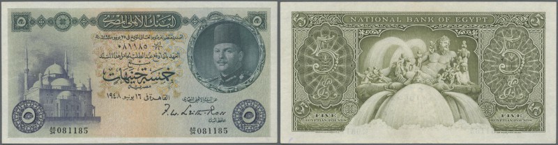 Egypt: 5 Pounds 1948 P. 25, 2 very tiny pinholes, one hard to see center fold, c...