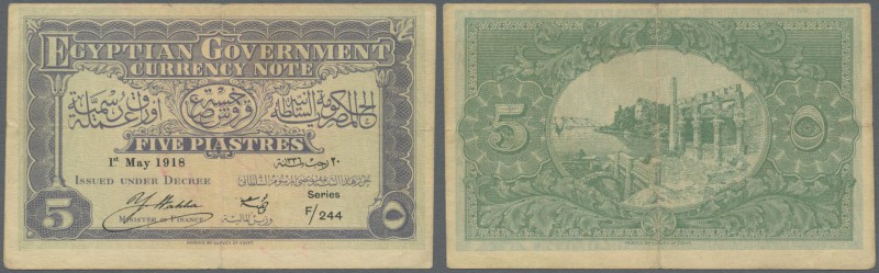 Egypt: 5 Piastres 1918 P. 161 with a center fold, light staining in paper, light...