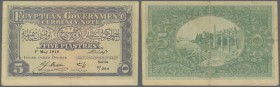 Egypt: 5 Piastres 1918 P. 161 with a center fold, light staining in paper, light horizontal fold, no holes, still strong paper and nice colors, condit...