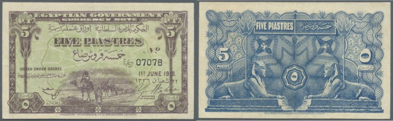 Egypt: Egypt: 5 Piastres 1918 P. 162, pressed, 2 light vertical folds and one li...