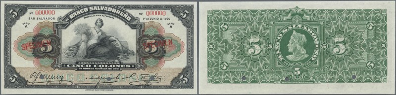 El Salvador: Banco Salvadoreño 5 Colones 1920 SPECIMEN, P.S213s, punch hole canc...