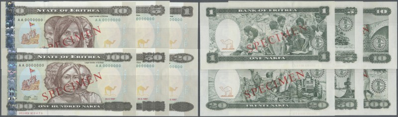 Eritrea: set of 6 SPECIMEN banknotes Eritrea from 1 to 100 Nakfa 1997 P. 1s to 6...