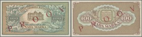 Estonia: 100 Marka 1923 Specimen Proofs P. 23sp, front and back seperatly printed on watermarked banknote paper with red overprint PROOV, both notes w...