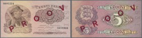 Estonia: 5 Krooni 1929 Specimen Proof P. 62sp, front and back printed seperatly with serial numbers 0001234 / 5678900, printed on watermarked banknote...
