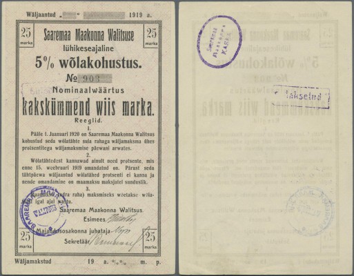 Estonia: Saaremaa 25 Mark 1920 R*2325, unfolded but with light handling in paper...