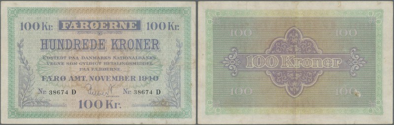 Faeroe Islands: 100 Kroner 1940 P. 12a, rare note, used with light folds, no hol...