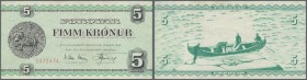 Faeroe Islands: 5 Kroner L.1949 P. 13b with light handling in paper, still strong with original colors, condition: VF+ to XF-.
