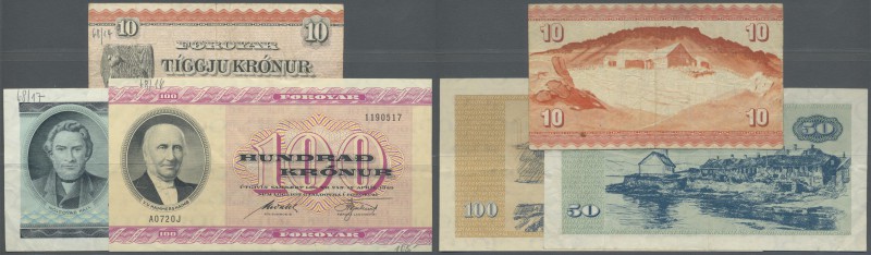 Faeroe Islands: set with 3 Banknotes 10 Kronur ND(1954) P.14 (F), 50 Kronur 1967...