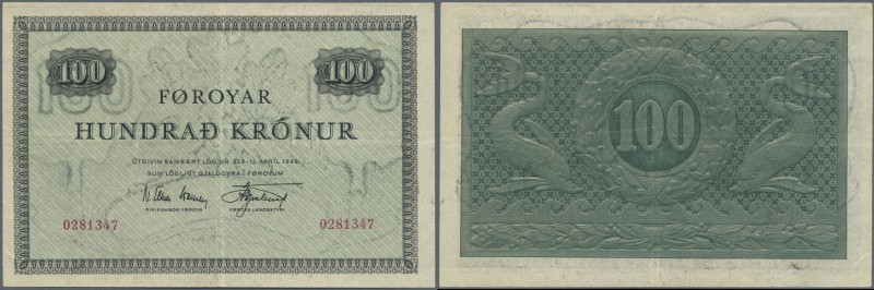 Faeroe Islands: 100 Kroner L.1949 P. 15b, light center fold, corner folds and ha...