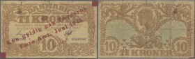 Faeroe Islands: 10 Kroner June 1940, series L (P.3C), ovpt. on Denmark P.31b in well worn condition with several stains and folds, some small tears bu...