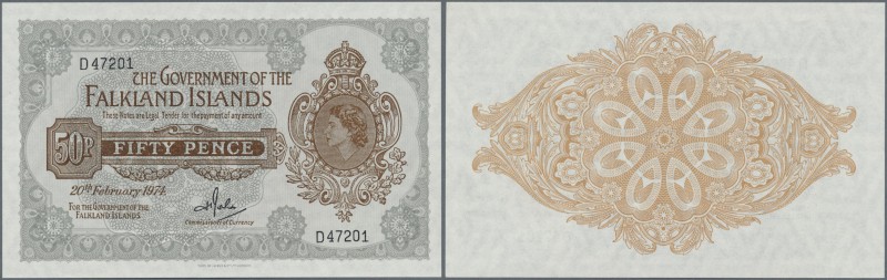 Falkland Islands: set of 2 notes 50 Pence dated 1974 and 1969 P. 10 with portrai...
