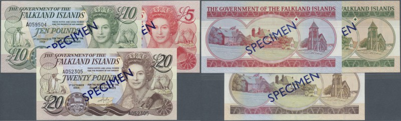 Falkland Islands: set of 3 SPECIMEN banknotes containing 5 Pounds 1983 P. 12s, 1...
