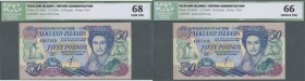 Falkland Islands: Set of 2 consecutive notes 50 Pounds 1990 P. 16a, serial #A007409 to #A007408, ICG graded 68 Gem UNC and 66 Choice UNC.