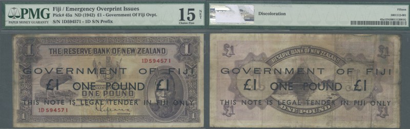 Fiji: 1 Pound ovpt on New Zealand 1 Pound ND(1942) P. 45a, PMG graded 15 Choice ...