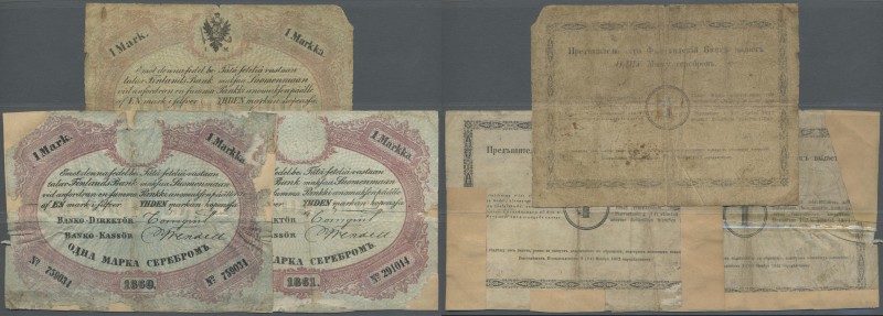 Finland: set with 3 Banknotes 1 Silver Mark 1860, 1861 (P.A32A), both restored a...