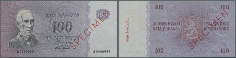 Finland: 100 Markkaa 1963 Specimen P. 106s, zero serial numbers, red specimen ov...