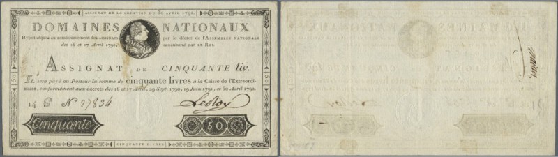 France: Domaines Nationaux 50 Livres 1792 P. A58, 3 vertical folds, one trace of...