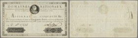 France: Domaines Nationaux 50 Livres 1792 P. A58, 3 vertical folds, one trace of stain at center, only two pinholes at left, no tears, condition: VF-.