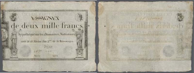 France: Assignat 2000 Francs 1795 P. A81 with folds and creases, on hole at righ...
