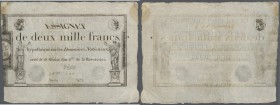 France: Assignat 2000 Francs 1795 P. A81 with folds and creases, on hole at right (but not in the design), light stain at upper right, no tears, condi...