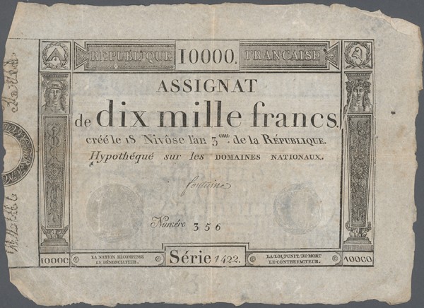 France: set of 3 notes 10.000 Livres 1795 P. A82, all in used condition without ...