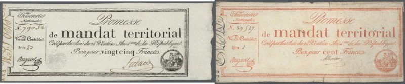 France: Set of 2 notes Mandat Territorial 25 and 100 Francs 1796 P. A83 and A84,...