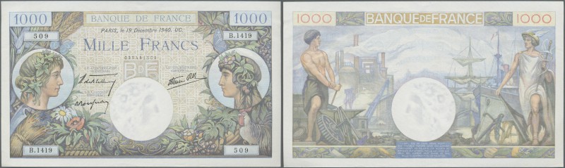 France: 1000 Francs 1940 P. 96a, light center bend, light corner folds, conditio...