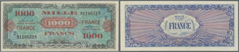 France: 1000 Francs 1944 Allied Forces, P.125b, vertical fold at center, otherwi...
