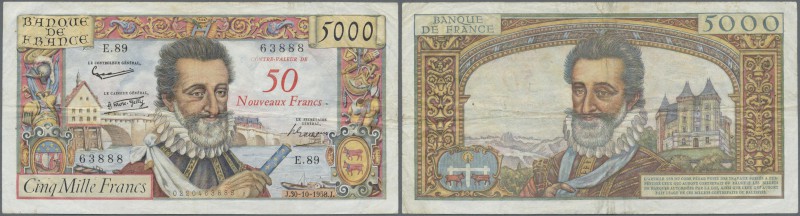 France: 50 Nouveaux Francs on 5000 Francs 1958, P.139a with several folds and cr...