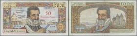 France: 50 Nouveaux Francs on 5000 Francs 1958, P.139a with several folds and creases, lightly stained paper and a number of pinholes at left and righ...