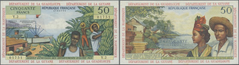 French Antilles: 50 Francs ND(1964) P. 9b, unfolded, a light horizontal bend alo...