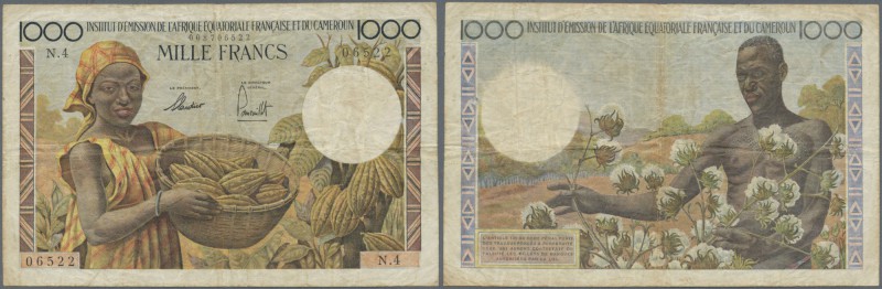 French Equatorial Africa: 1000 Francs ND(1957) P. 34, used with several folds an...