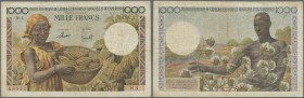 French Equatorial Africa: 1000 Francs ND(1957) P. 34, used with several folds and creases in paper, minor tiny center hole, no other holes and no tear...