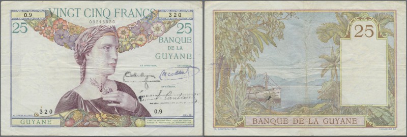 French Guiana: 25 Francs ND P. 7, vertical and horizontal folds, creases in pape...