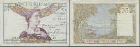 French Guiana: 25 Francs ND P. 7, vertical and horizontal folds, creases in paper, one small hole at upper center, one 4mm tear at left border, crisp ...