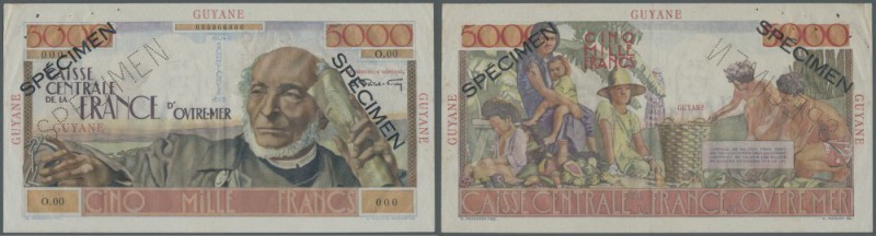 French Guiana: 5000 Francs ND (1947-49) Specimen P. 26s. This beautiful larger s...