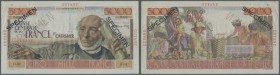 French Guiana: 5000 Francs ND (1947-49) Specimen P. 26s. This beautiful larger size banknote with portrait of General Schoelcher at right and colorful...