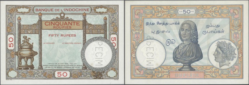 French India: 50 Roupies ND Specimen P. 7s with Specimen perforation, light fold...