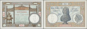 French India: 50 Roupies ND Specimen P. 7s with Specimen perforation, light fold at lower left corner, crisp orignal, condition: XF+ to aUNC.