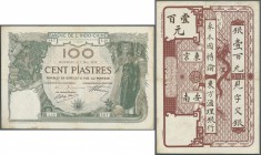 French Indochina: 100 Piastres 1914 P. 18, issued in Haiphong, vertically and horizontally folded, light staining at lower border, some pinholes in pa...