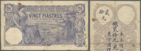 French Indochina: 20 Piastres 1917 P. 38, used with several folds and creases, stain in paper, small border damages, minor holes in paper, one repaire...