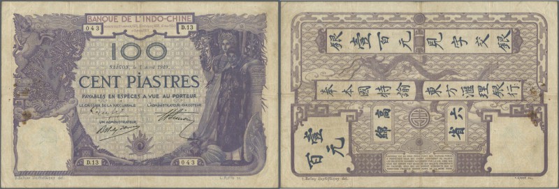 French Indochina: 100 Piastres 1919 P. 39 issued in Saigon, used with vertical a...
