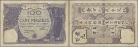 French Indochina: 100 Piastres 1919 P. 39 issued in Saigon, used with vertical and horizontal folds, lightly stained paper, many pinholes at left and ...