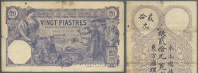 French Indochina: 20 Piastres 1920 P. 41, used with several folds and creases, stain in paper, small border damages, holes in paper, condition: VG+ to...